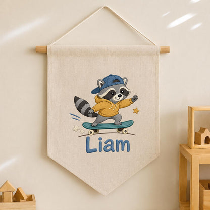 Custom Embroidered Raccoon Skater Pennant Banner, Personalized Wall Hanging Sign