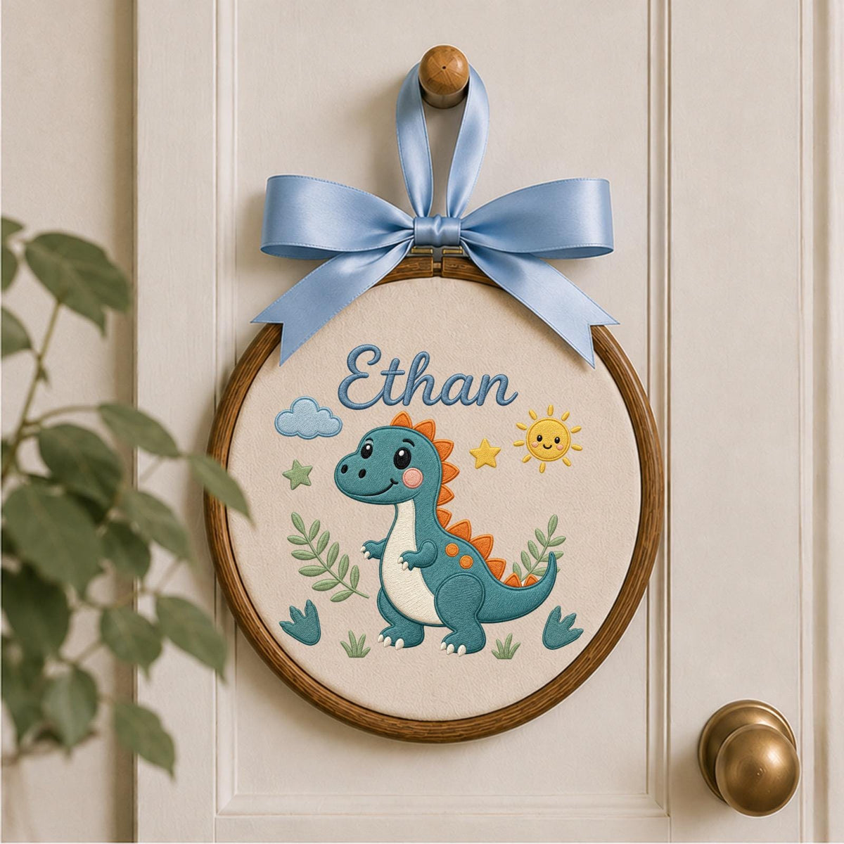 Personalized Embroidered Ornament, Dinosaur Name Hoop, Custom Baby Boy Nursery Decor, Cute Dino Baby Shower Gift, Newborn Keepsake