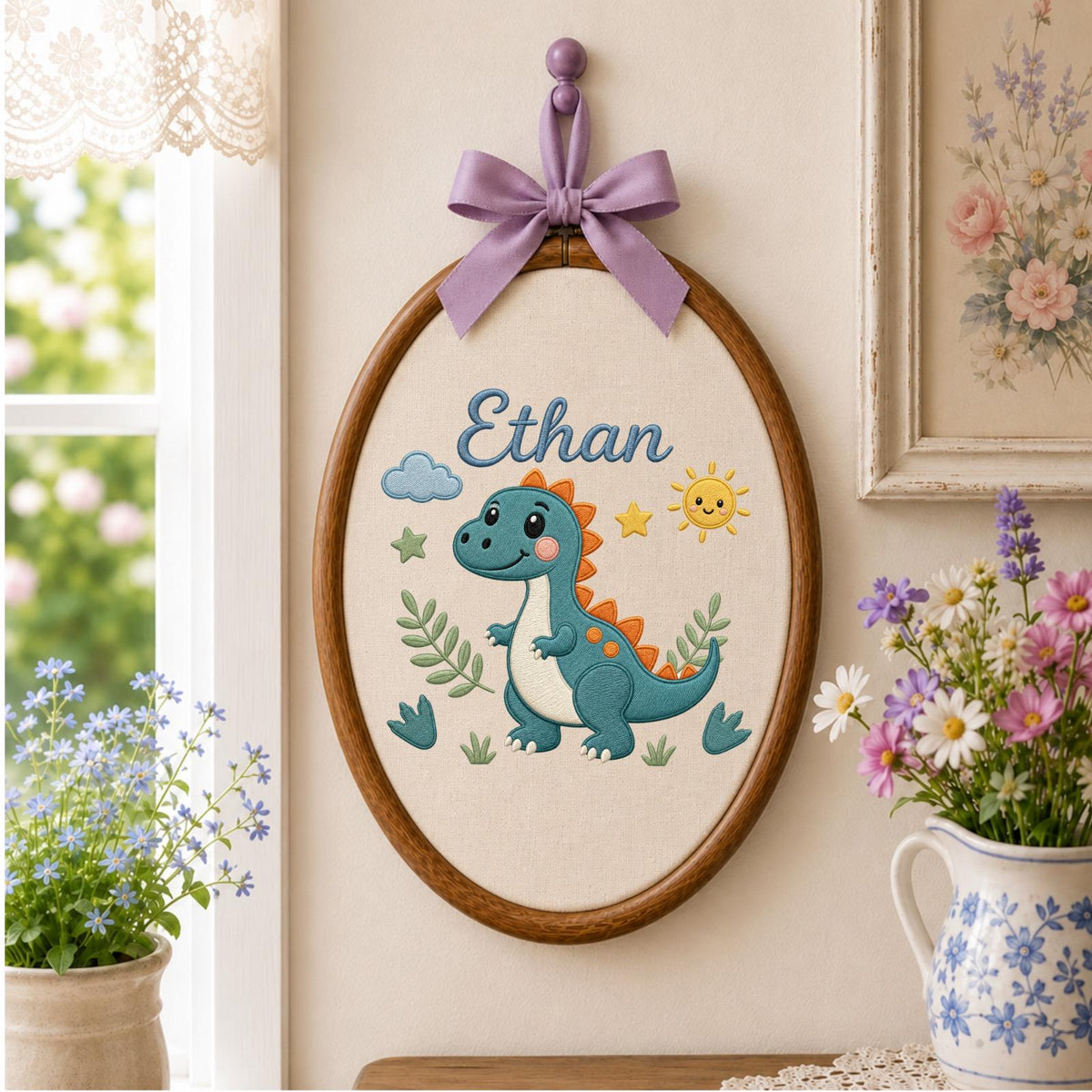 Personalized Embroidered Ornament, Dinosaur Name Hoop, Custom Baby Boy Nursery Decor, Cute Dino Baby Shower Gift, Newborn Keepsake