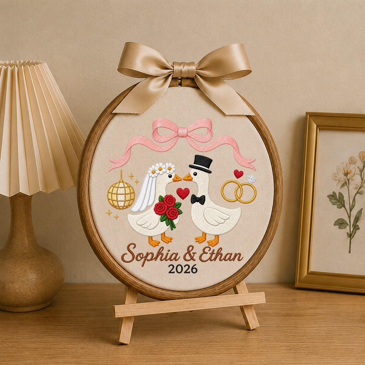 Personalized Embroidered Ornament, Wedding Goose Couple Hoop, Custom Bride and Groom Names, Anniversary Gift, Newlywed Keepsake