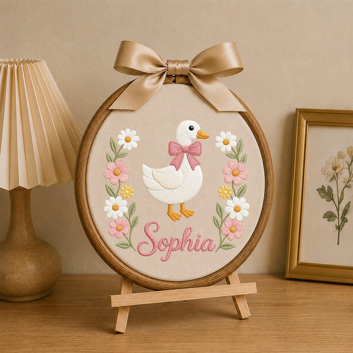 Personalized Embroidered Ornament, Floral Goose Name Hoop, Baby Girl Nursery Decor, Custom Duck Baby Shower Gift, Newborn Keepsake