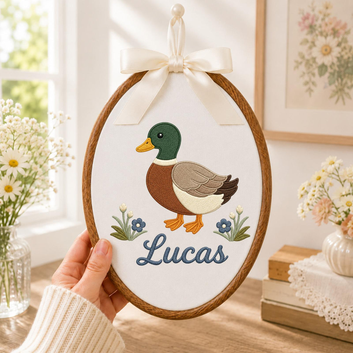 Personalized Embroidered Ornament, Mallard Duck Name Hoop, Custom Baby Boy Nursery Decor, Duck Lover Gift, Woodland Keepsake
