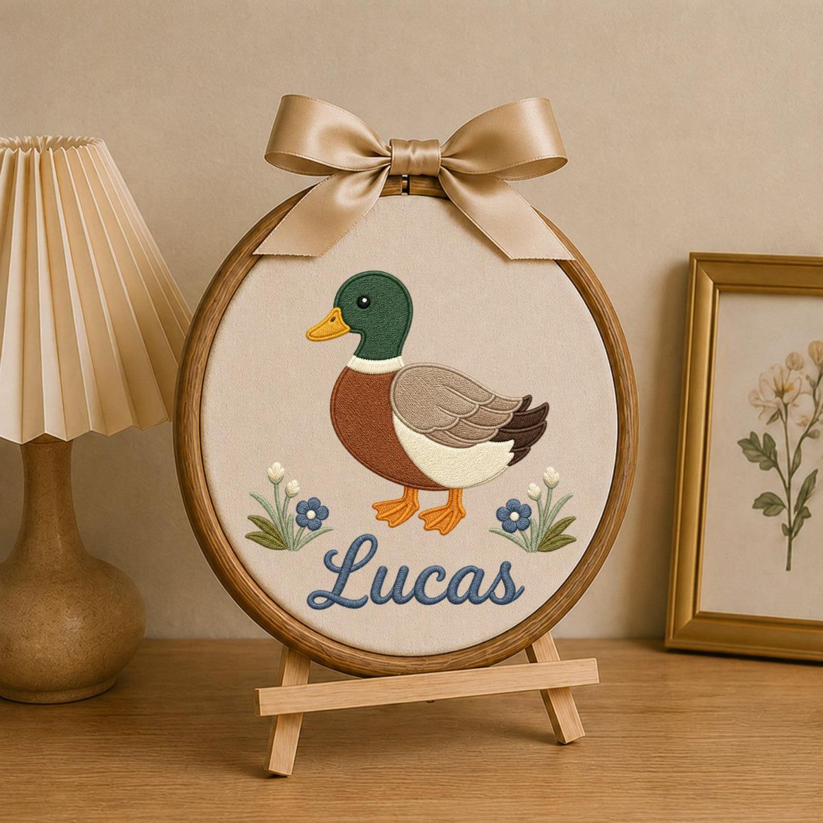 Personalized Embroidered Ornament, Mallard Duck Name Hoop, Custom Baby Boy Nursery Decor, Duck Lover Gift, Woodland Keepsake