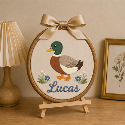Personalized Embroidered Ornament, Mallard Duck Name Hoop, Custom Baby Boy Nursery Decor, Duck Lover Gift, Woodland Keepsake