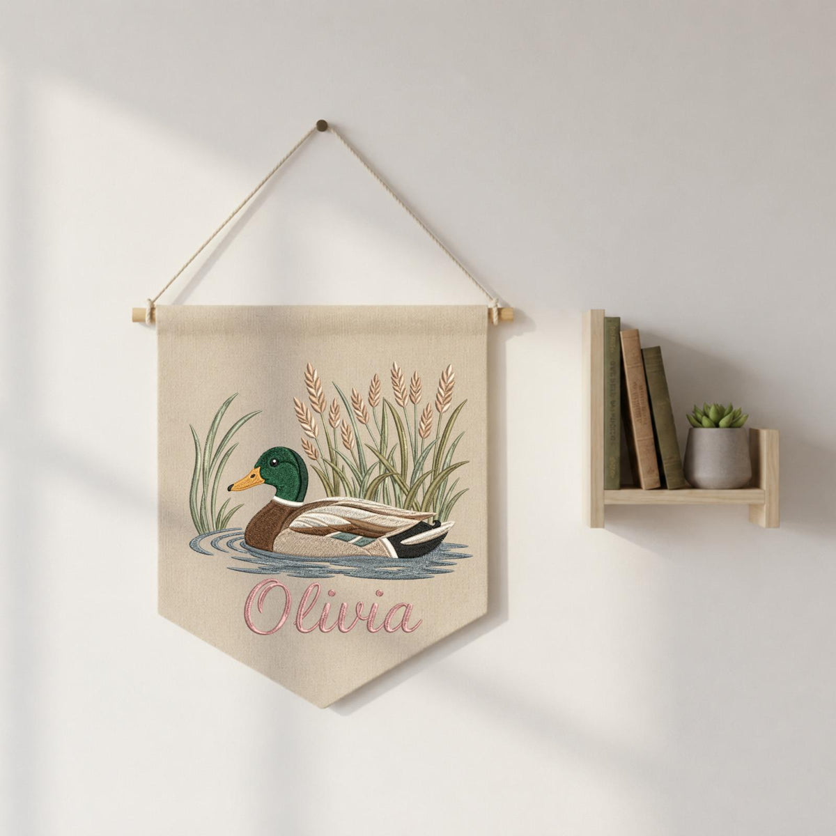 Personalized Embroidered Mallard Duck Wall Hanging Banner, Custom Baby Name Sign, Woodland Nursery Decor, Baby Shower Gift