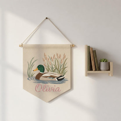 Personalized Embroidered Mallard Duck Wall Hanging Banner, Custom Baby Name Sign, Woodland Nursery Decor, Baby Shower Gift