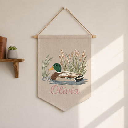 Personalized Embroidered Mallard Duck Wall Hanging Banner, Custom Baby Name Sign, Woodland Nursery Decor, Baby Shower Gift