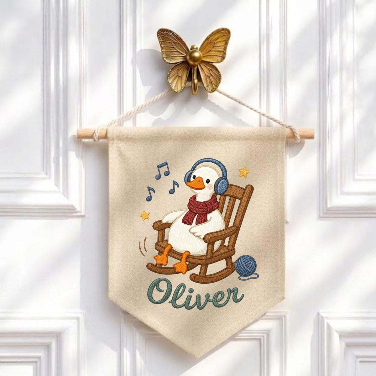 Personalized Music Goose Linen Banner, Custom Name Nursery Decor, Embroidered Wall Hanging