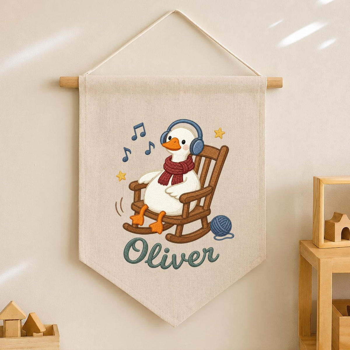 Personalized Music Goose Linen Banner, Custom Name Nursery Decor, Embroidered Wall Hanging
