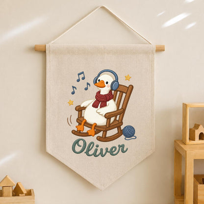 Personalized Music Goose Linen Banner, Custom Name Nursery Decor, Embroidered Wall Hanging
