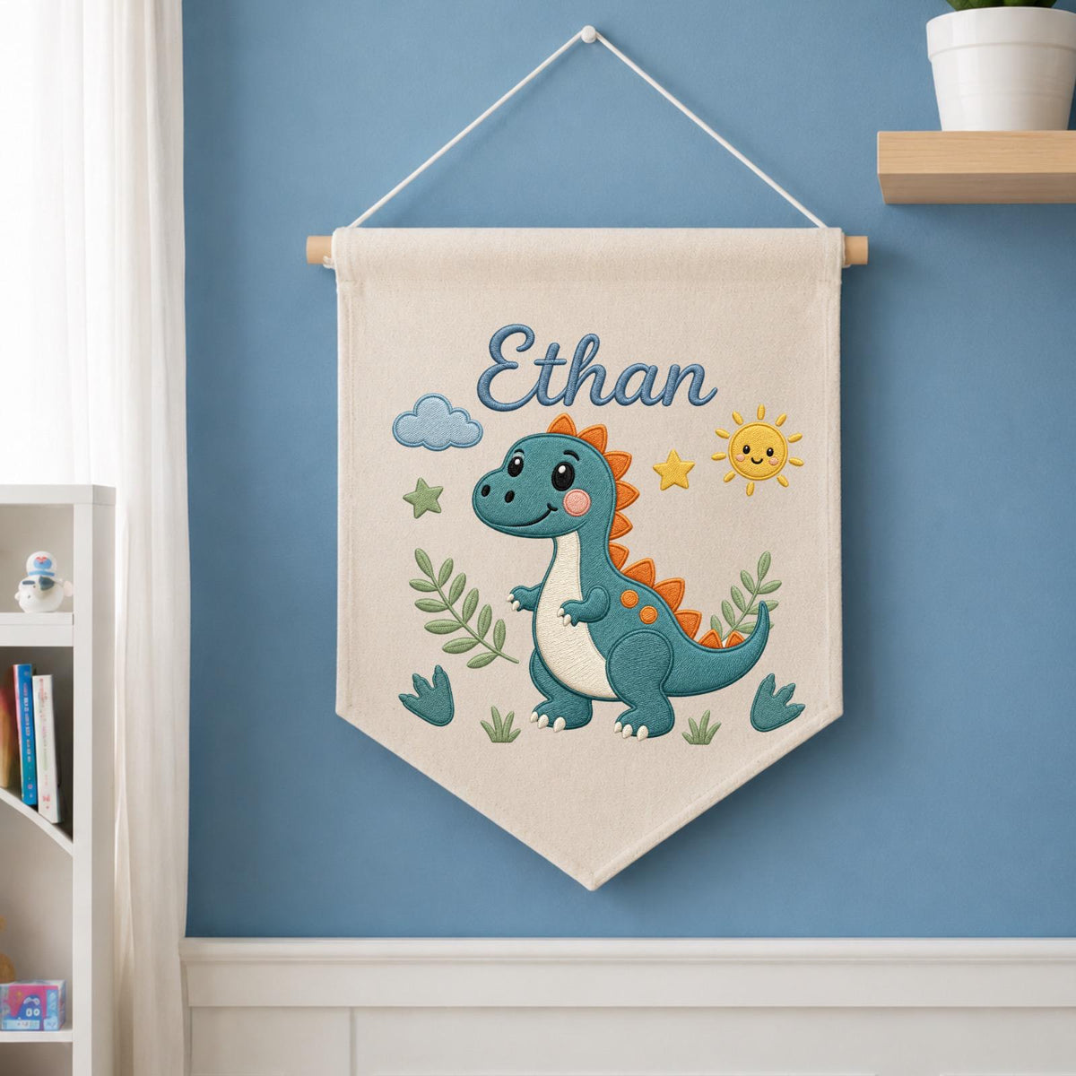 Personalized Embroidered Dinosaur Wall Hanging Banner, Custom Baby Name Sign, Dinosaur Nursery Decor, Baby Boy Gift, Kids Room Decor