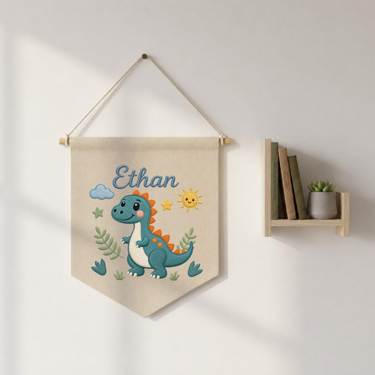 Personalized Embroidered Dinosaur Wall Hanging Banner, Custom Baby Name Sign, Dinosaur Nursery Decor, Baby Boy Gift, Kids Room Decor