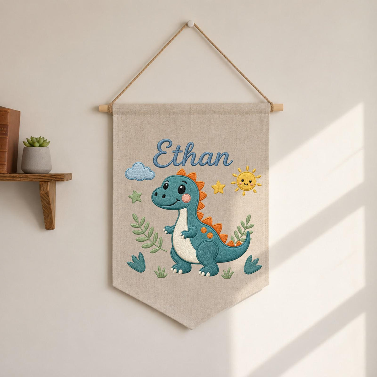 Personalized Embroidered Dinosaur Wall Hanging Banner, Custom Baby Name Sign, Dinosaur Nursery Decor, Baby Boy Gift, Kids Room Decor