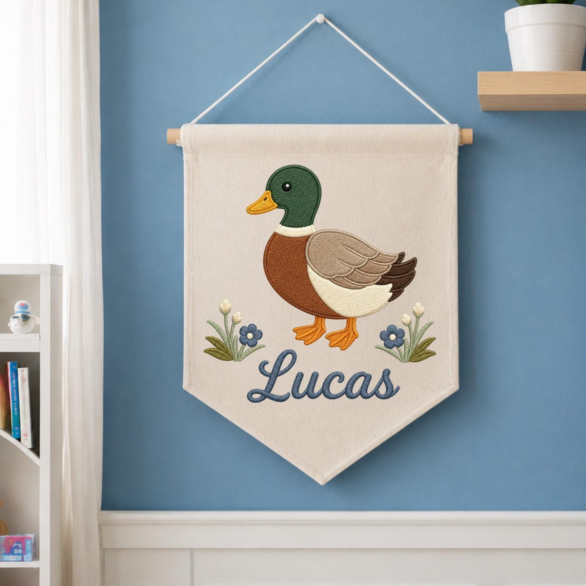 Personalized Embroidered Mallard Duck Wall Hanging Banner, Custom Baby Name Sign, Woodland Nursery Decor, Baby Shower Gift