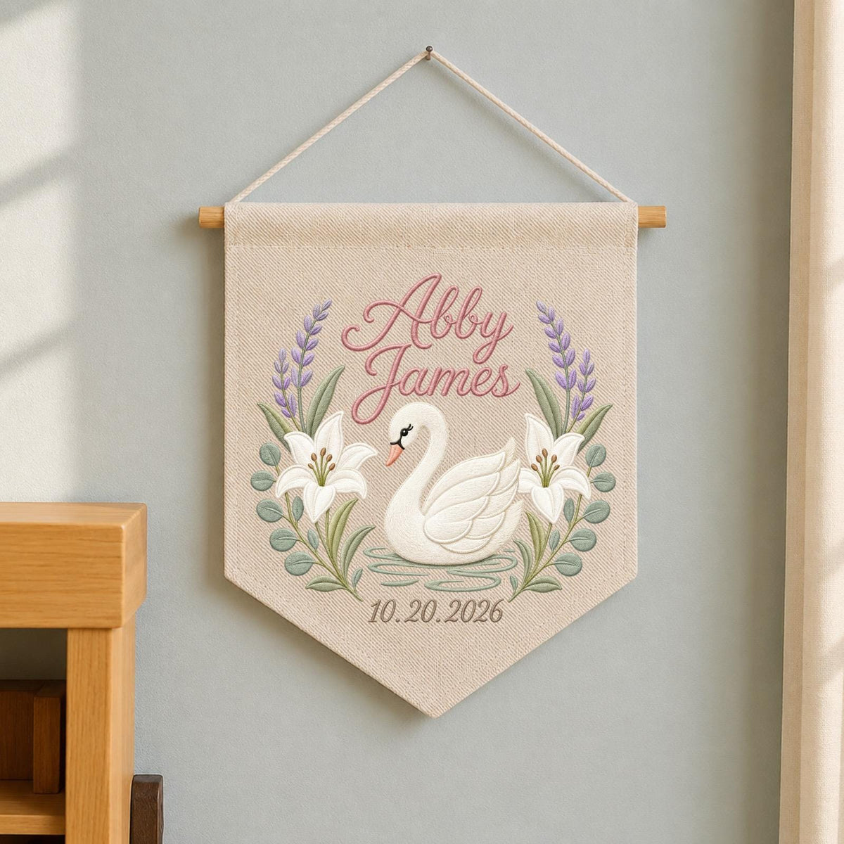 Personalized Embroidered Swan Wall Hanging Banner, Custom Baby Name Sign, Floral Nursery Decor, Birth Date Keepsake, Baby Girl Gift
