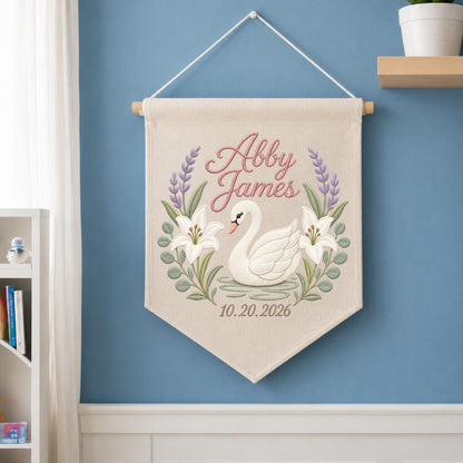 Personalized Embroidered Swan Wall Hanging Banner, Custom Baby Name Sign, Floral Nursery Decor, Birth Date Keepsake, Baby Girl Gift