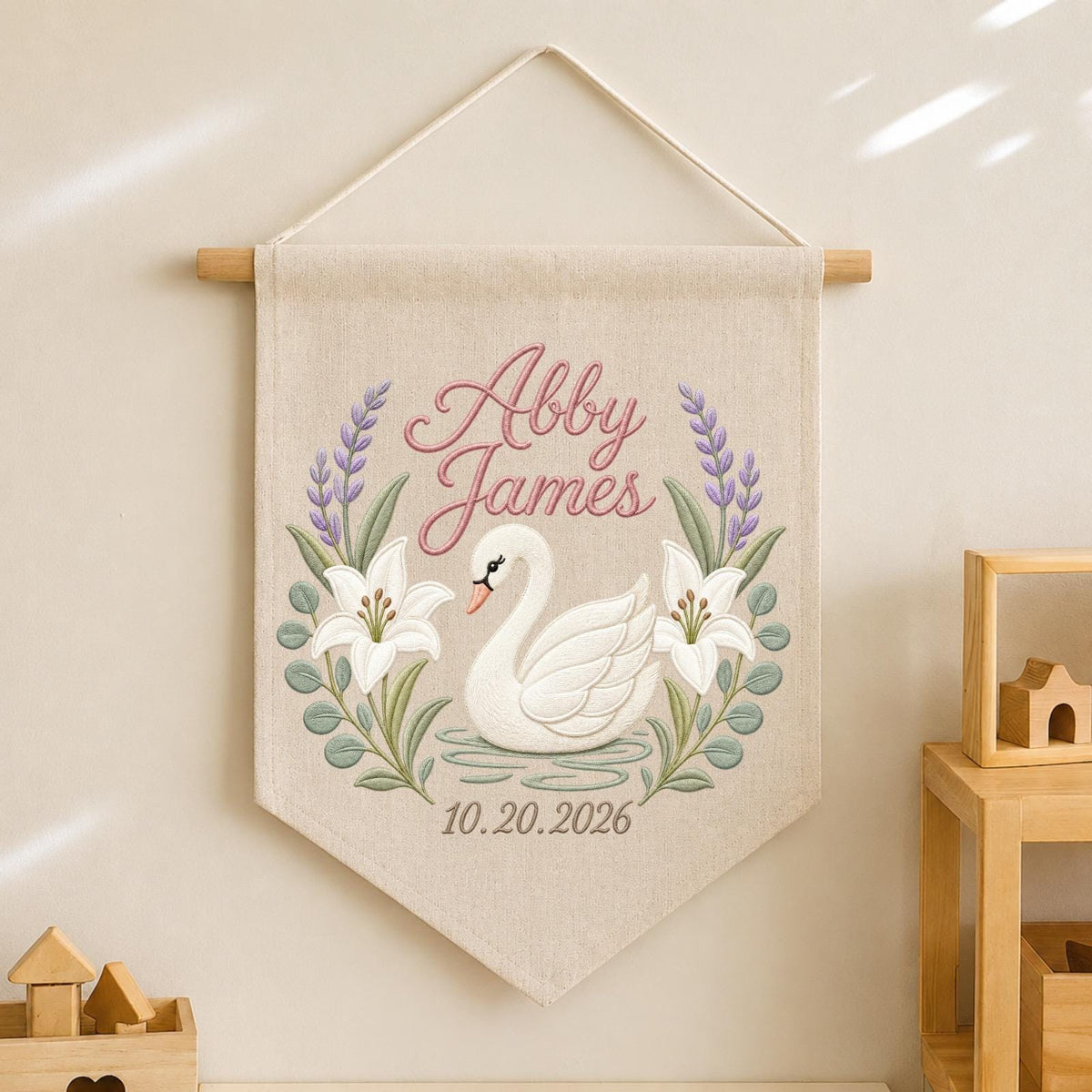 Personalized Embroidered Swan Wall Hanging Banner, Custom Baby Name Sign, Floral Nursery Decor, Birth Date Keepsake, Baby Girl Gift