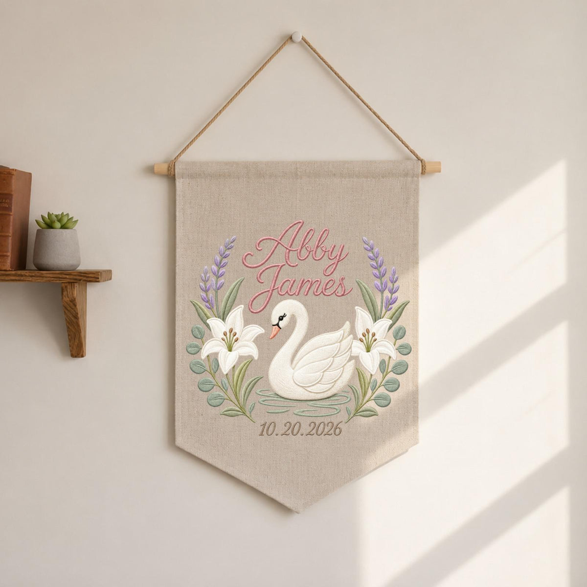 Personalized Embroidered Swan Wall Hanging Banner, Custom Baby Name Sign, Floral Nursery Decor, Birth Date Keepsake, Baby Girl Gift