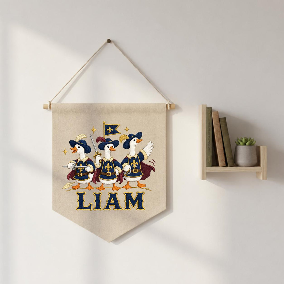 Personalized Musketeer Goose Linen Banner, Custom Name Embroidered Wall Hanging