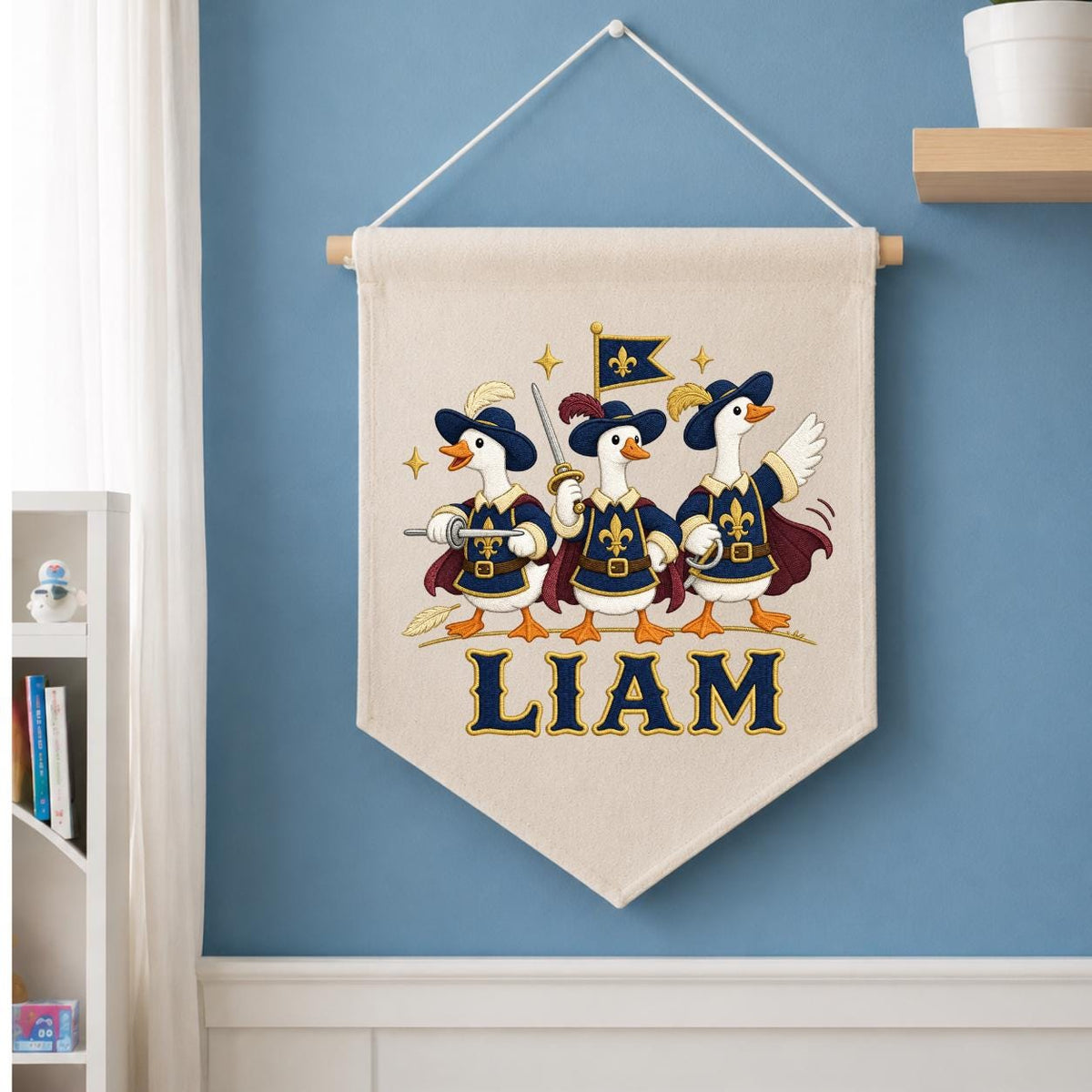 Personalized Musketeer Goose Linen Banner, Custom Name Embroidered Wall Hanging