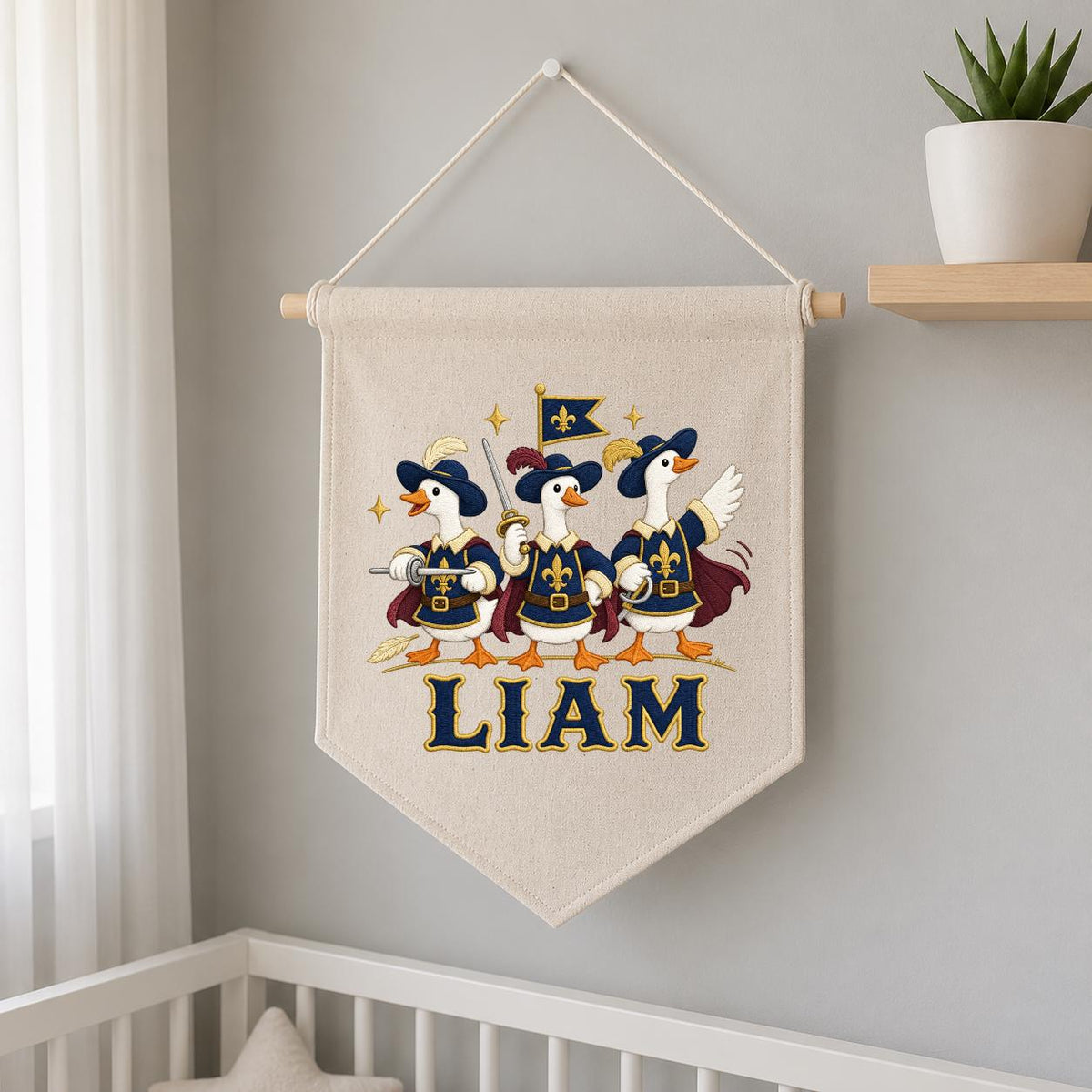 Personalized Musketeer Goose Linen Banner, Custom Name Embroidered Wall Hanging