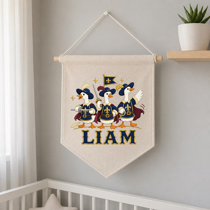 Personalized Musketeer Goose Linen Banner, Custom Name Embroidered Wall Hanging