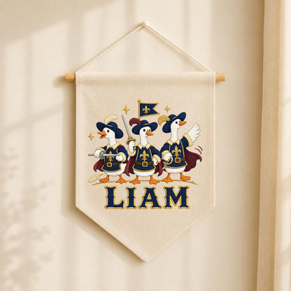 Personalized Musketeer Goose Linen Banner, Custom Name Embroidered Wall Hanging