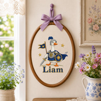 Personalized Knight Goose Embroidery Hoop Art, Custom Name Medieval Duck Wall Hanging