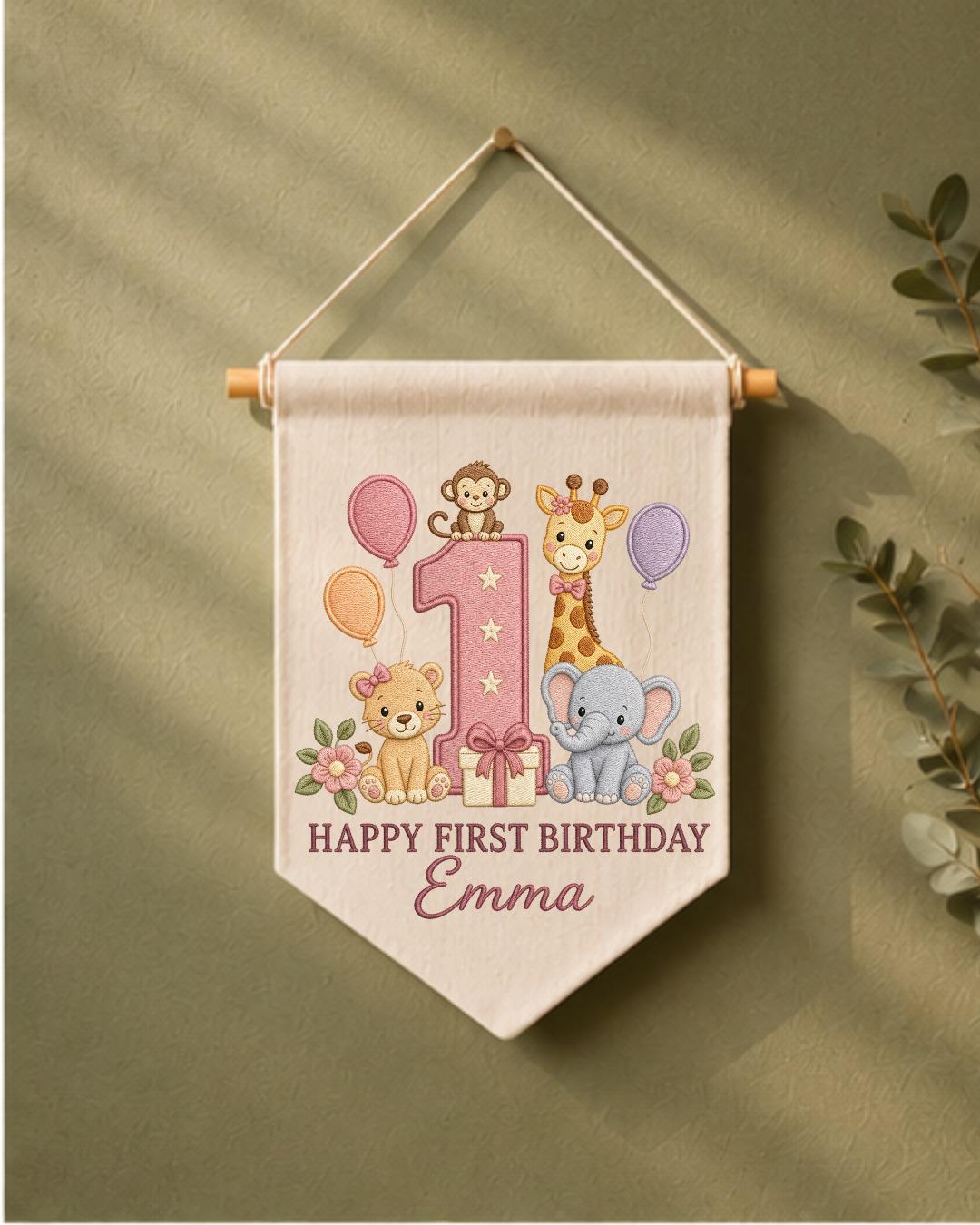 Personalized First Birthday Wall Hanging, Custom Name Embroidered Safari Animal Banner, Baby Girl 1st Birthday Decor, Jungle Party Keepsake