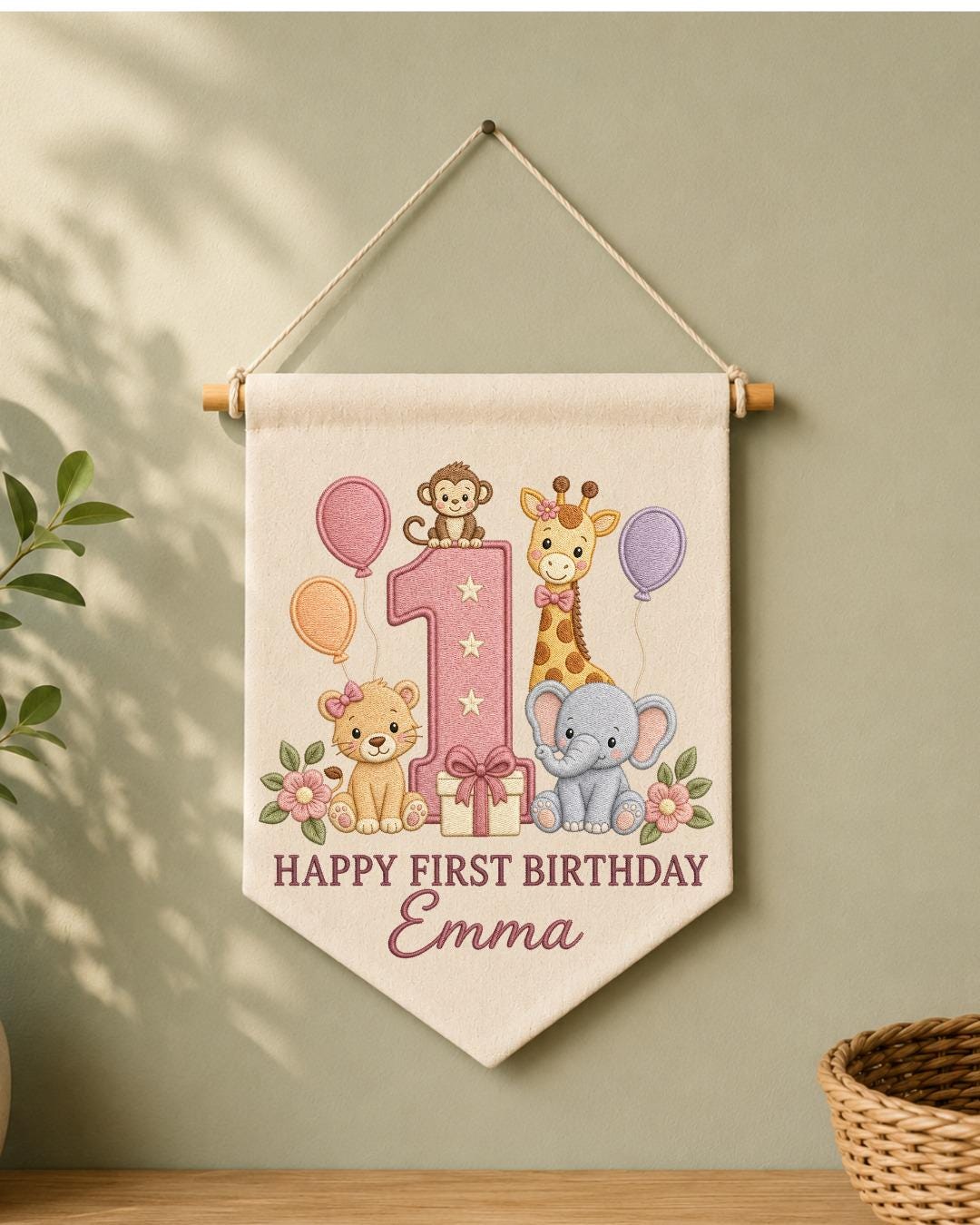 Personalized First Birthday Wall Hanging, Custom Name Embroidered Safari Animal Banner, Baby Girl 1st Birthday Decor, Jungle Party Keepsake