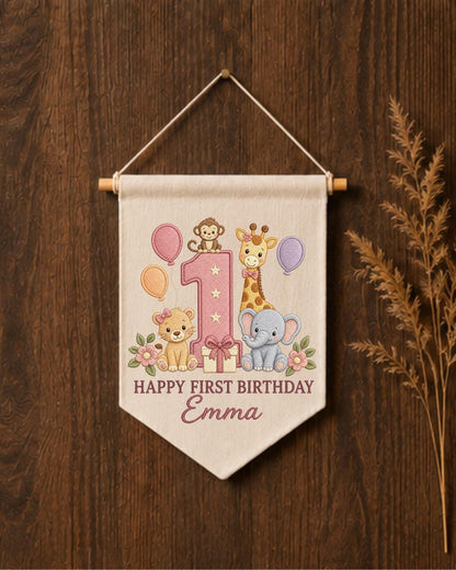 Personalized First Birthday Wall Hanging, Custom Name Embroidered Safari Animal Banner, Baby Girl 1st Birthday Decor, Jungle Party Keepsake
