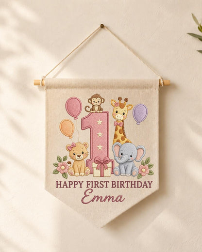 Personalized First Birthday Wall Hanging, Custom Name Embroidered Safari Animal Banner, Baby Girl 1st Birthday Decor, Jungle Party Keepsake