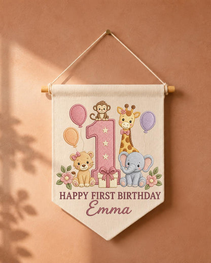 Personalized First Birthday Wall Hanging, Custom Name Embroidered Safari Animal Banner, Baby Girl 1st Birthday Decor, Jungle Party Keepsake