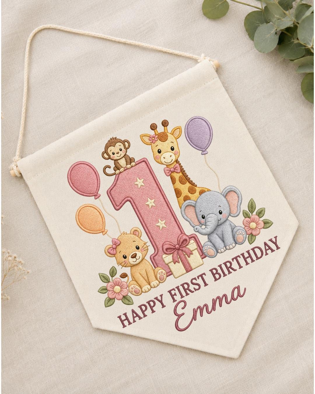 Personalized First Birthday Wall Hanging, Custom Name Embroidered Safari Animal Banner, Baby Girl 1st Birthday Decor, Jungle Party Keepsake