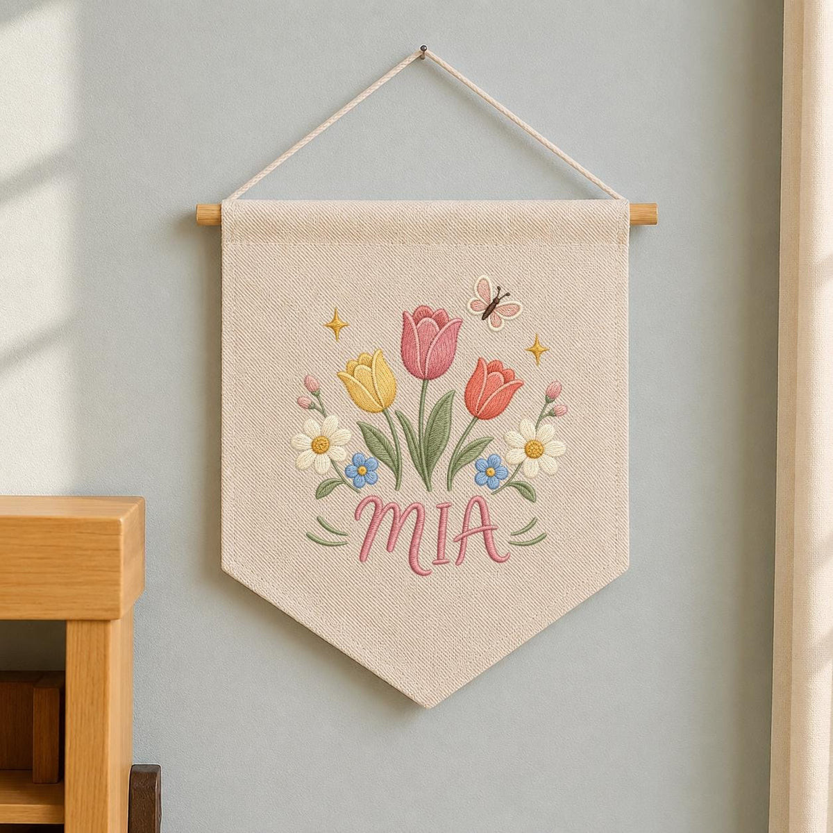 Personalized Tulip Floral Embroidered Banner, Custom Name Nursery Decor, Wildflower Butterfly Wall Hanging