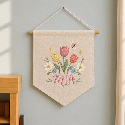 Personalized Tulip Floral Embroidered Banner, Custom Name Nursery Decor, Wildflower Butterfly Wall Hanging