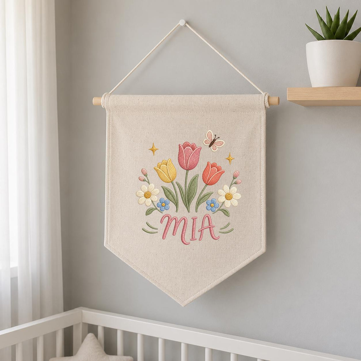 Personalized Tulip Floral Embroidered Banner, Custom Name Nursery Decor, Wildflower Butterfly Wall Hanging
