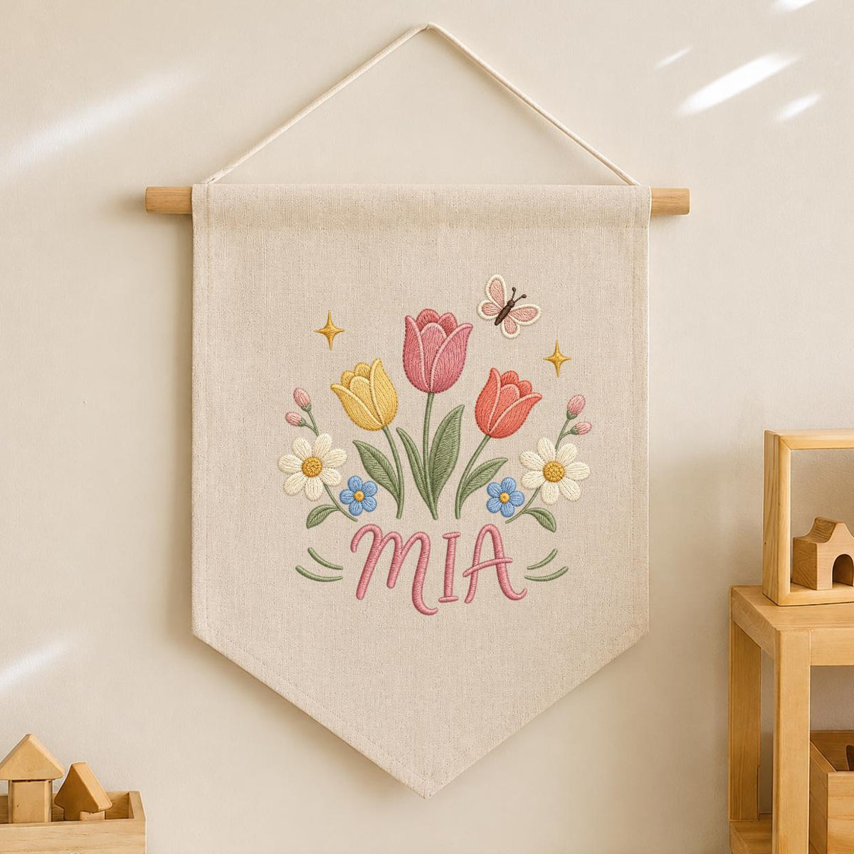 Personalized Tulip Floral Embroidered Banner, Custom Name Nursery Decor, Wildflower Butterfly Wall Hanging