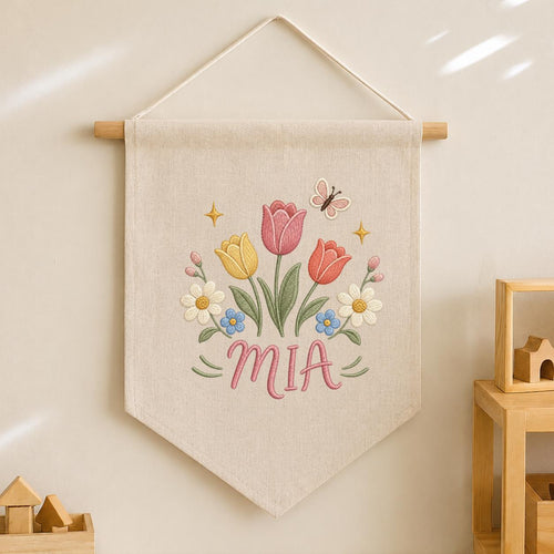 Personalized Tulip Floral Embroidered Banner, Custom Name Nursery Decor, Wildflower Butterfly Wall Hanging