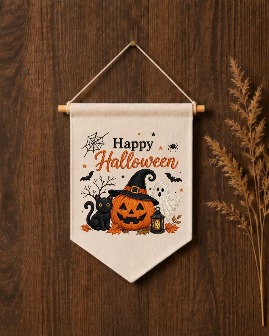 Halloween Embroidered Wall Hanging, Spooky Pumpkin Cat Banner, Ghost Witch Nursery Decor, Cute Fall Home Decoration, Halloween Gift