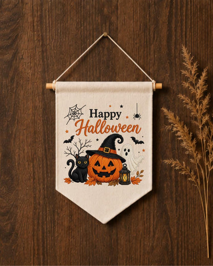 Halloween Embroidered Wall Hanging, Spooky Pumpkin Cat Banner, Ghost Witch Nursery Decor, Cute Fall Home Decoration, Halloween Gift