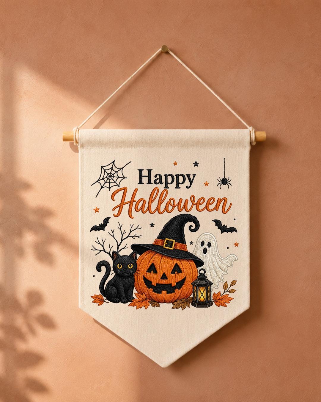 Halloween Embroidered Wall Hanging, Spooky Pumpkin Cat Banner, Ghost Witch Nursery Decor, Cute Fall Home Decoration, Halloween Gift
