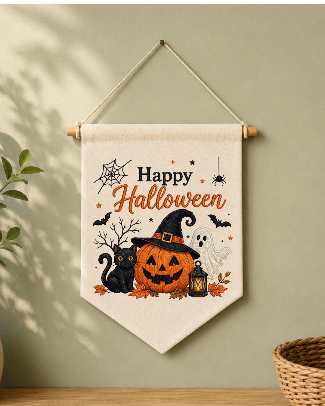 Halloween Embroidered Wall Hanging, Spooky Pumpkin Cat Banner, Ghost Witch Nursery Decor, Cute Fall Home Decoration, Halloween Gift