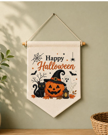 Halloween Embroidered Wall Hanging, Spooky Pumpkin Cat Banner, Ghost Witch Nursery Decor, Cute Fall Home Decoration, Halloween Gift