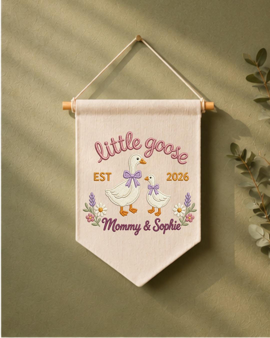 Personalized Little Goose Wall Hanging, Custom Name Embroidered Mommy and Baby Goose Banner, New Mom Nursery Decor, Baby Girl Keepsake Gift
