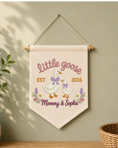 Personalized Little Goose Wall Hanging, Custom Name Embroidered Mommy and Baby Goose Banner, New Mom Nursery Decor, Baby Girl Keepsake Gift