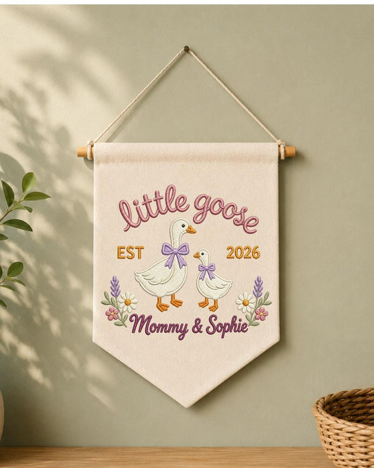 Personalized Little Goose Wall Hanging, Custom Name Embroidered Mommy and Baby Goose Banner, New Mom Nursery Decor, Baby Girl Keepsake Gift