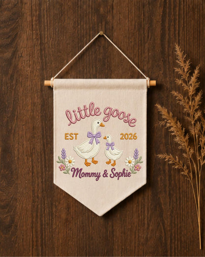 Personalized Little Goose Wall Hanging, Custom Name Embroidered Mommy and Baby Goose Banner, New Mom Nursery Decor, Baby Girl Keepsake Gift