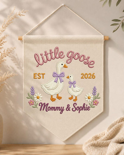 Personalized Little Goose Wall Hanging, Custom Name Embroidered Mommy and Baby Goose Banner, New Mom Nursery Decor, Baby Girl Keepsake Gift