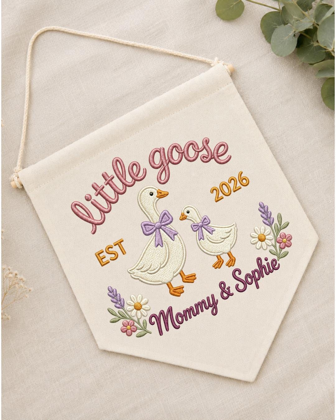 Personalized Little Goose Wall Hanging, Custom Name Embroidered Mommy and Baby Goose Banner, New Mom Nursery Decor, Baby Girl Keepsake Gift